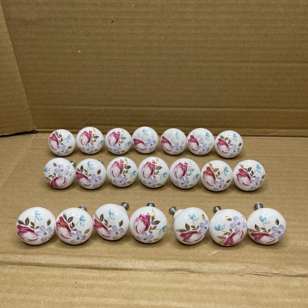 Vintage Porcelain Floral Drawer Knobs Lot of 21 Pink Tulip Cabinet Pulls Screws